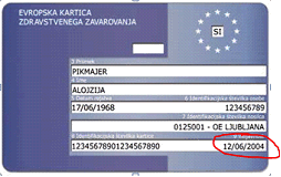Sprednja stran evropske kartice zdravstvenega zavarovanja – označen je datum veljavnosti.
